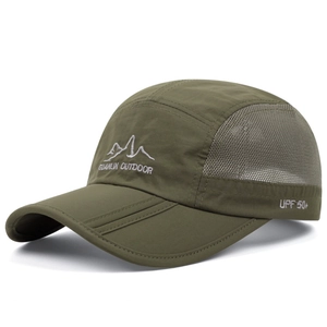 Detailed embroidery of mountain peaks and UPF 50 plus logo on a green outdoor mesh cap