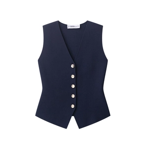 Navy blue women's V-neck waistcoat with five gold buttons and sharp pointed hemline