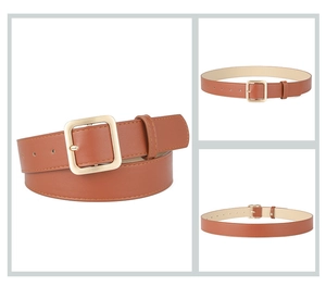 Detail of brown faux leather belt with golden square buckle and fine stitching