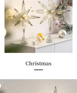 Detailed view of silver LED Christmas tree star toppers with warm glowing lights