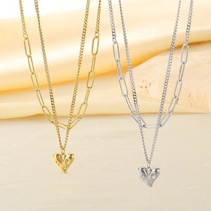 Collier double épaisseur en acier inoxydable doré et argenté avec pendentif cœur