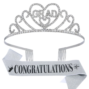 Silver graduation crown with rhinestones and Congratulations sash set for party