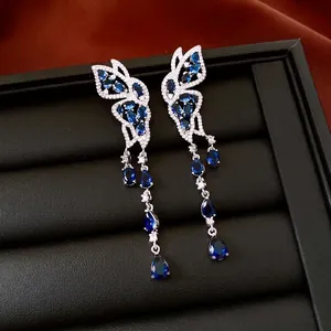 Boucles D'oreilles Pendantes Gland Longue Aile Papillon Creuse Zircon Bleu Blanc Cuivre Avec Tige En Argent Pour Femmes