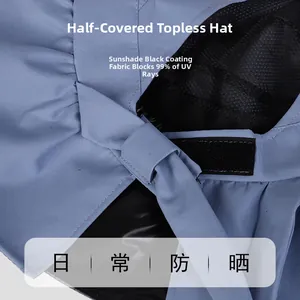 Detail of light blue sun hat featuring black UV lining, breathable mesh and velcro strap