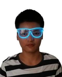 Blue LED shutter glasses with glowing transparent frames for parties and music festivals