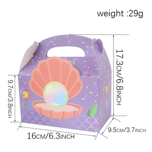 Purple mermaid theme gift box with shell patterns showing dimensions and weight 29g