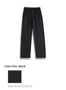 Detail of black ice silk trousers showing elastic waistband and smooth draped fabric texture