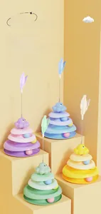 Detailed view of 3-layer cat turntable toy with colorful rolling balls and feather wand