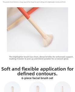Detail of coral makeup brush set including large fan and powder brushes with soft bristles
