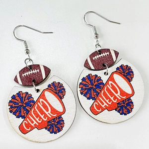 Detail of wooden cheerleading earrings with football and megaphone cheer graphics