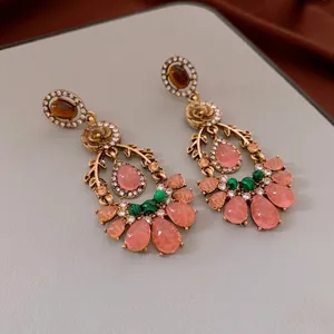 Vintage boho drop earrings with tiger eye stone and floral crystal tassels in gold finish