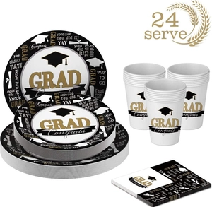 Details van de 24-persoons afstudeerfeest serviesset met zwart-gouden Congrats-patroon