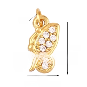Detail view of a gold butterfly pendant with cubic zirconia and size 14x6mm dimensions