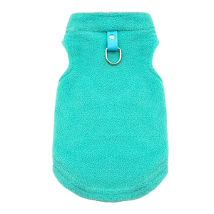 Detail of teal fleece pet vest featuring reinforced leather strap and metal D-ring for leash