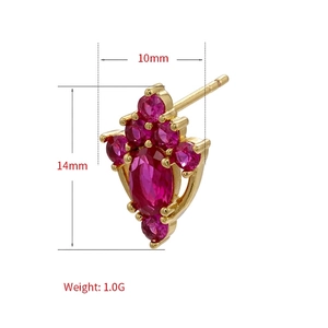 Elegant gold shield earrings with ruby red zircon stones, size 10mm by 14mm