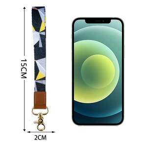 Handy-Schlüsselband aus Polyester mit geometrischem Muster und Lederverbinder in Blau
