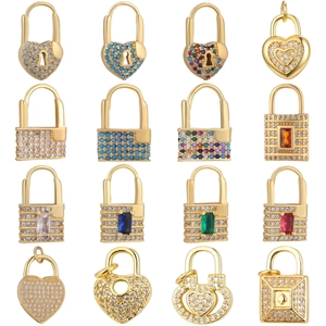 18K gold plated copper heart and lock pendants with colorful cubic zirconia stones