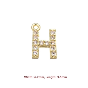 Macro view of gold S925 silver letter H pendant with micro-paved zircons and size specs