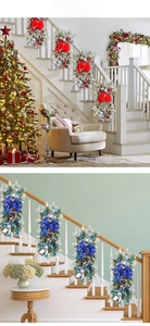 Close-up of lighted Christmas staircase swags with pine cones and colorful ornaments