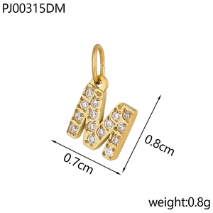 Micro-pave letter M gold pendant with white zircon stones and dimension details