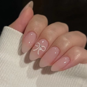 Cute Jelly Pink Almond Press On Nails Sweet Butterfly Bow Design With Tiny Rhinestones Long Lasting Fake Nails For Women Daily Decor