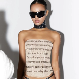 Damen Trägerloses Tube Top Polyester Buchstabendruck Slim Fit Crop Bandeau Korsett Y2K Streetwear
