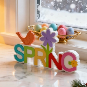 Colorful SPRING alphabet ornament with bird and flower on a marble table top
