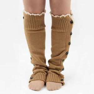 Camel knit leg warmers with elegant lace trim and button detail for winter boots