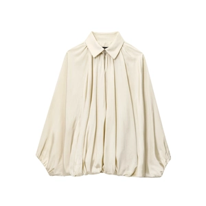Detail of cream oversized satin bomber jacket with zip-up collar and puffy lantern sleeves