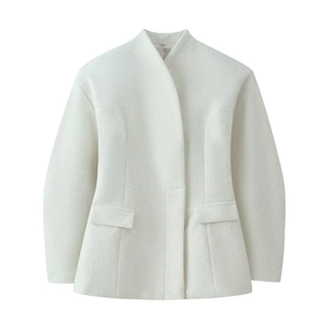 Short white thickened wool coat for women with V-neck collar and minimalist design