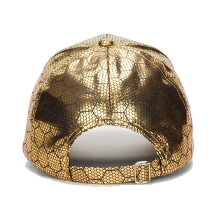 Rear view of gold metallic baseball cap with black hexagonal texture and adjustable buckle