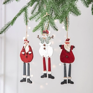 Three-piece wooden Christmas ornaments set featuring Santa and Snowman with long legs