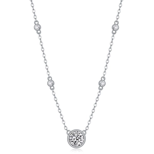 Macro detail of S925 sterling silver necklace with five sparkling moissanite stones