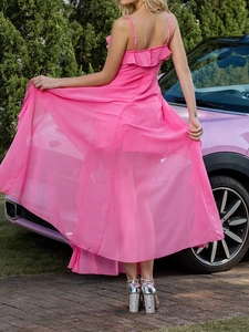 Elegant backless pink chiffon evening maxi dress with ruffles and thin straps