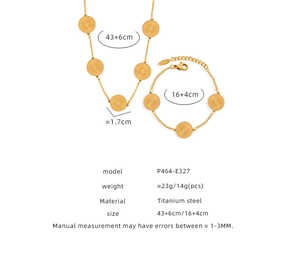 Detailed technical view of sunburst gold titanium steel necklace and bracelet set with size specs