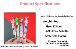 Close-up of 6-color Christmas ballpoint pen with 3D Santa and Reindeer topper decorations
