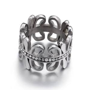 Exaggerated silver titanium steel wide ring with hollow pattern and central crystals