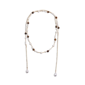 Elegant long Y-shaped necklace with faux pearls, tiger eye beads and golden chain