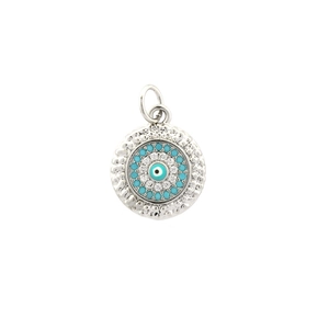 Detail of silver-plated evil eye pendant with turquoise enamel and clear zircons