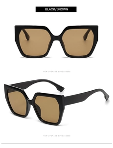 Detail view of large square black frame sunglasses with brown lenses and modern design