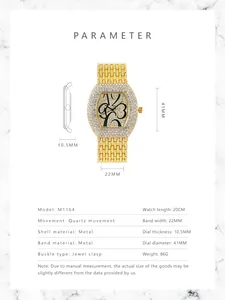 Detailed size chart and technical specifications for the crystal pavé quartz watch