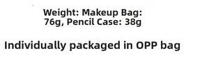 Detailed size and weight specifications for daisy embroidered cosmetic bag and pencil case