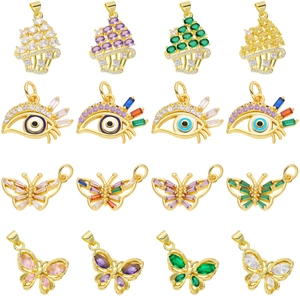 Colorful zircon cross heart and butterfly charms in gold plating for jewelry making