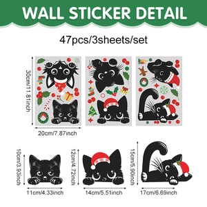 Detailed size chart for Christmas black cat wall stickers including 47 PVC decal pieces
