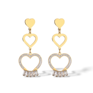 Elegant gold-plated heart drop earrings with zircon tassel and geometric hollow design