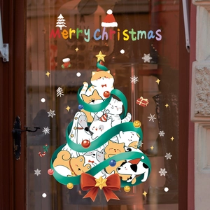 Christmas tree window sticker with cute cartoon cats and dogs for festive glass decoration