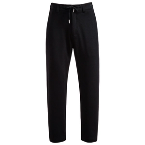 Detailed view of elastic drawstring waistband and side pockets on men's black trousers