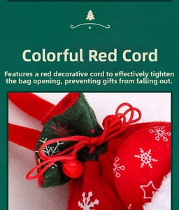 Détail du sac cadeau de Noël rouge montrant le cordon tressé et la texture du tissu festif
