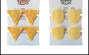 Detailed view of potato chip shaped bag clips in triangle and round styles for snacks