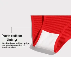 Detail of red cotton rib underwear showing white double-layer crotch lining for breathability